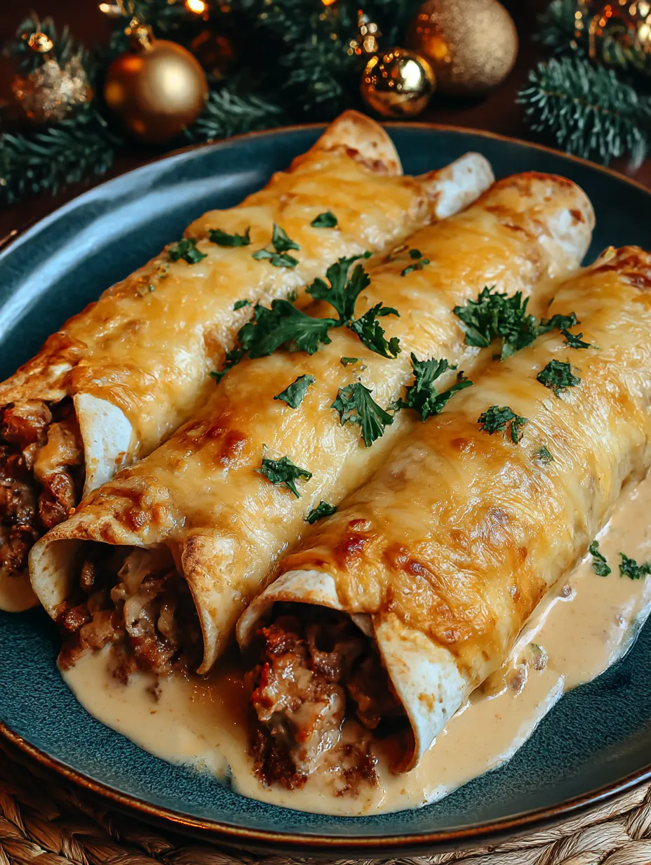 A plate of cheesy chicken enchiladas with creamy sauce.
