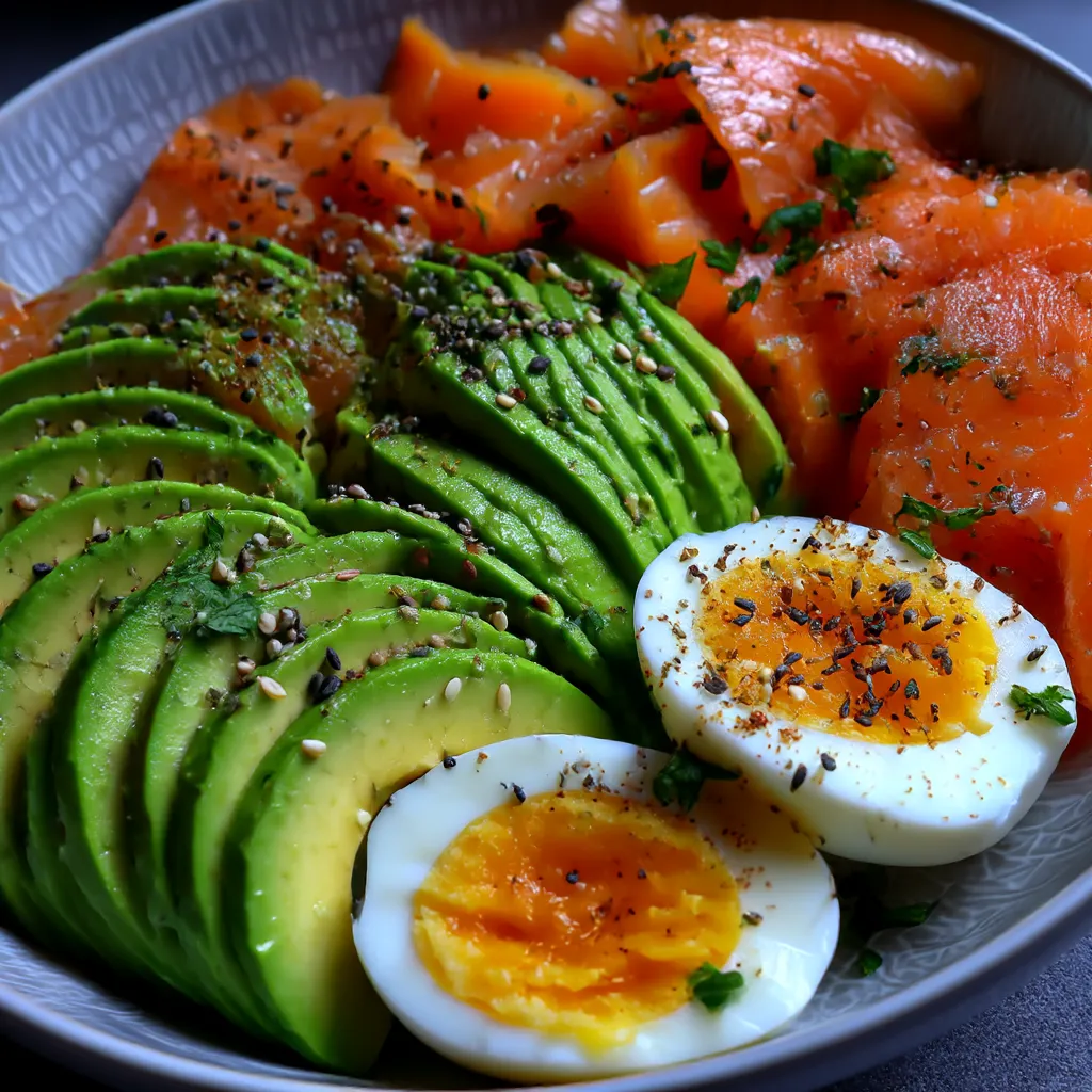 A bowl of food with eggs, avocado, and smoked salmon.