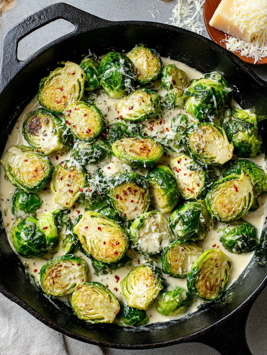 A pan of cooked Brussels sprouts with a creamy garlic Parmesan sauce.