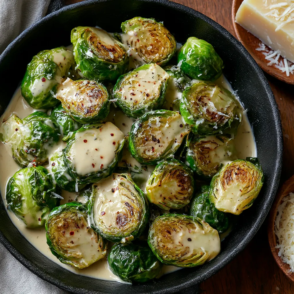 A bowl of creamy garlic parmesan brussels sprouts.