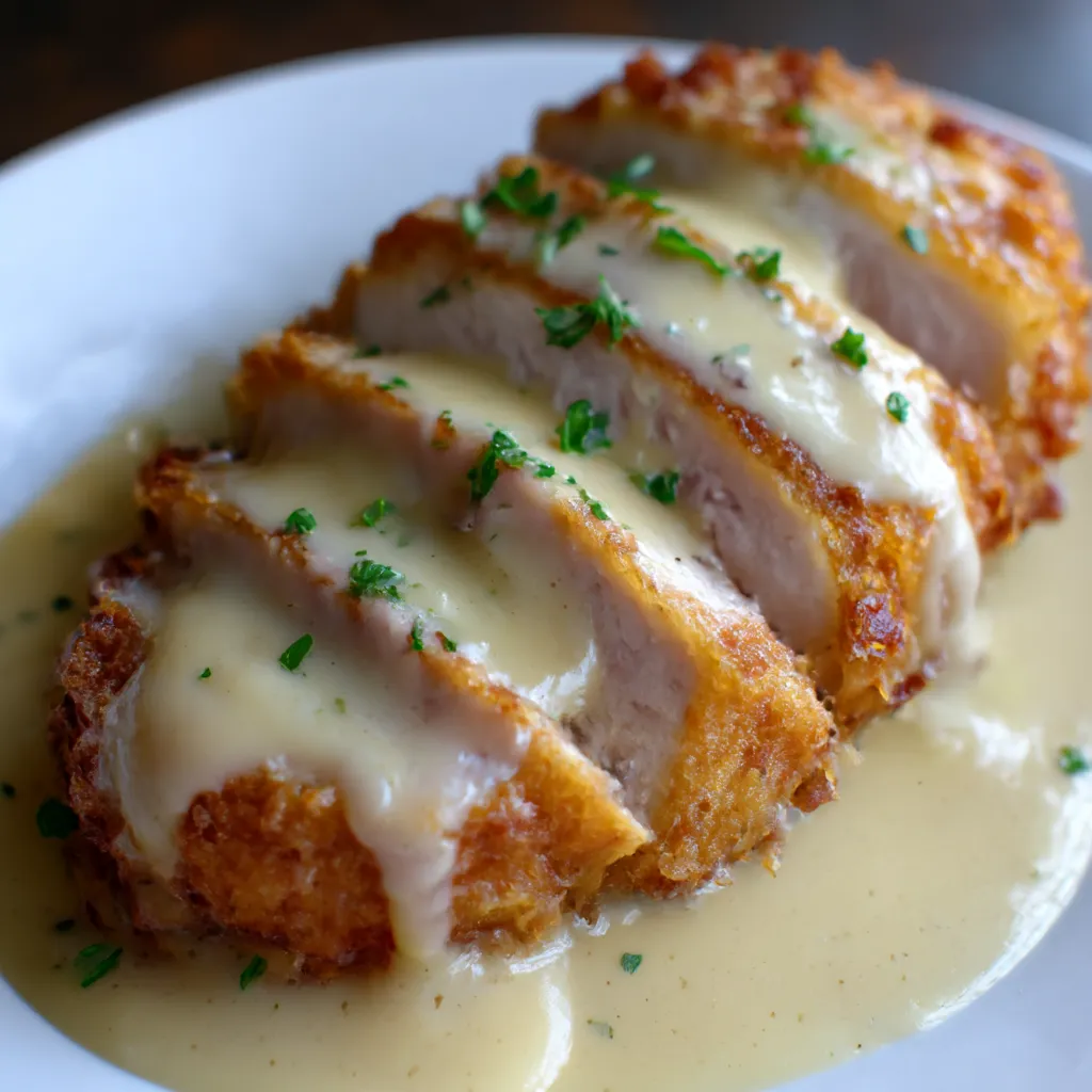 A plate of creamy chicken cordon bleu.