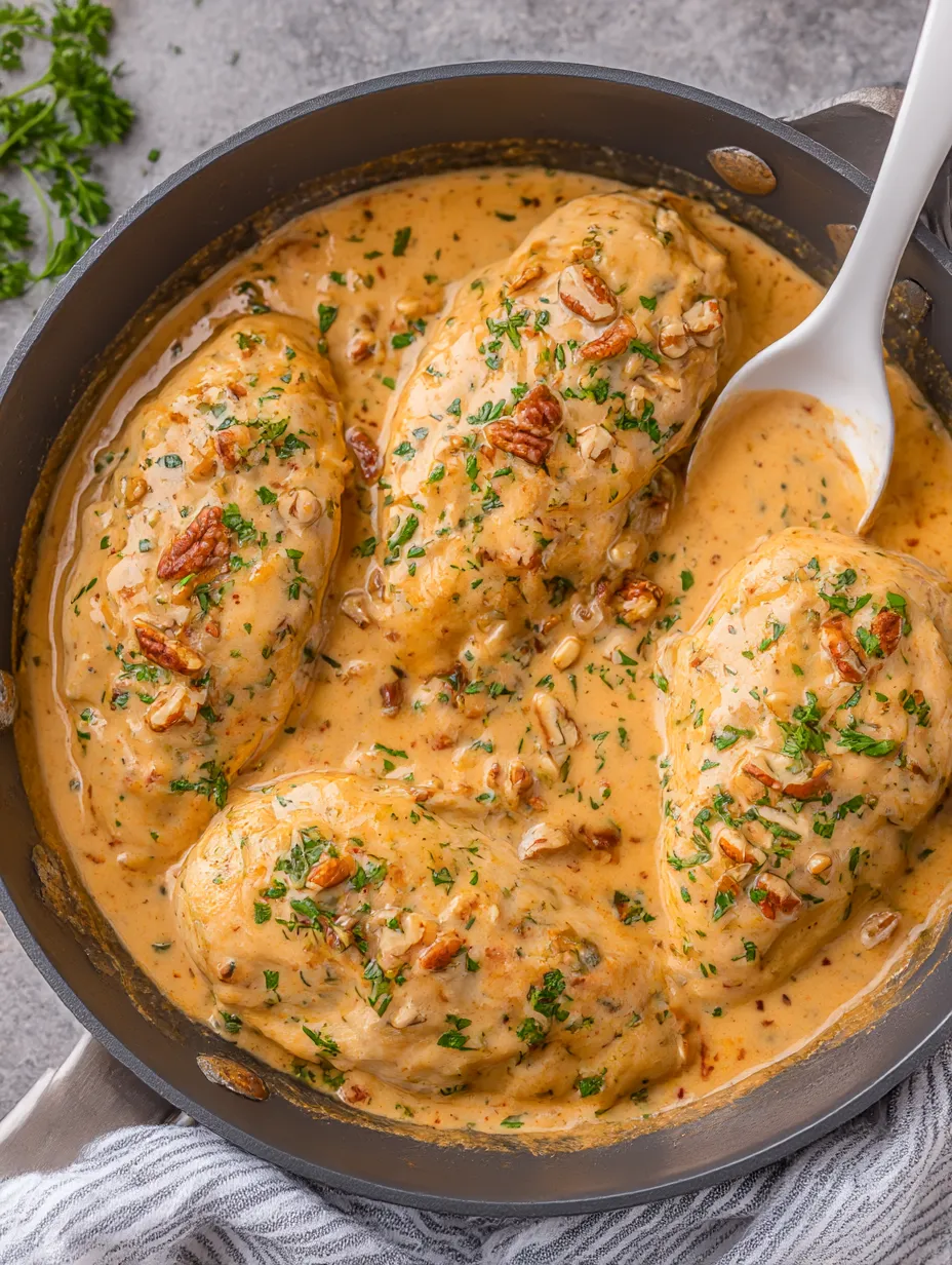 A pan of chicken covered in a creamy sauce.