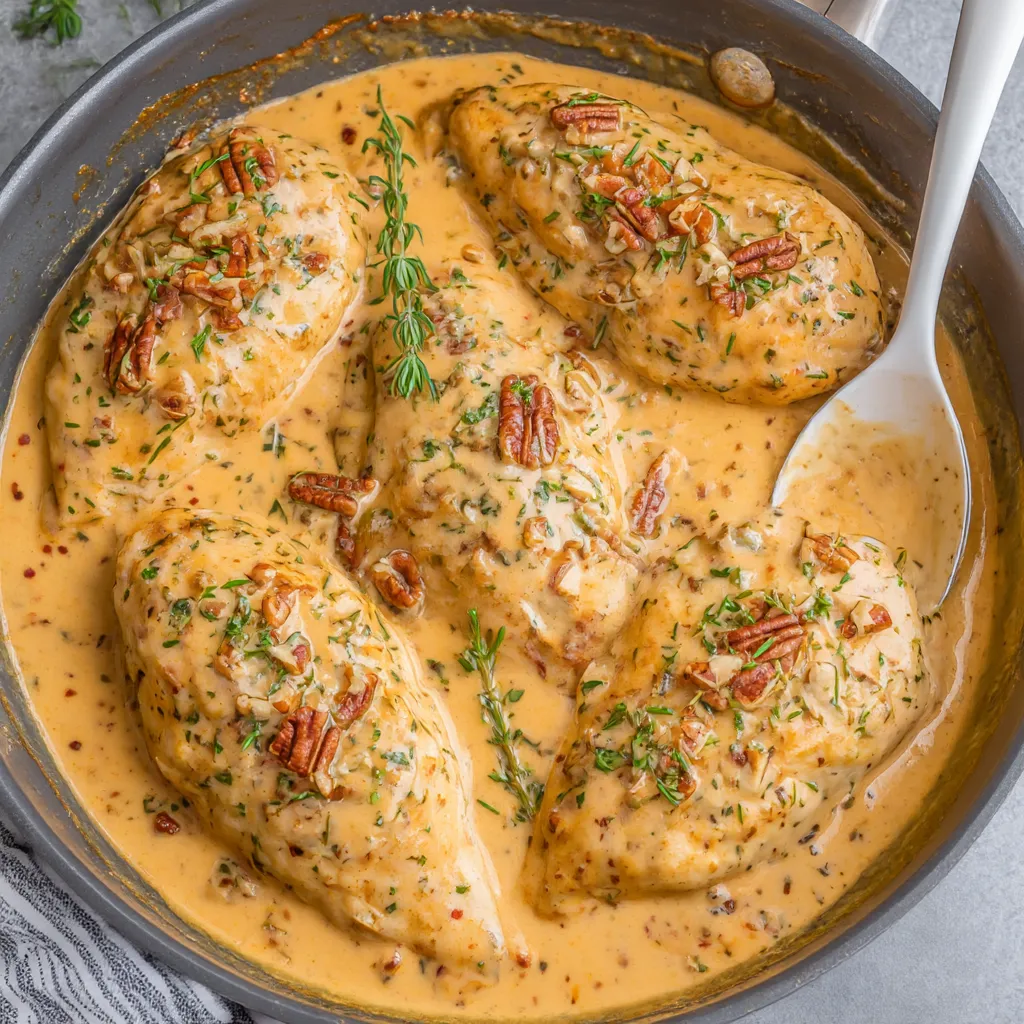 A bowl of chicken covered in a creamy sauce.