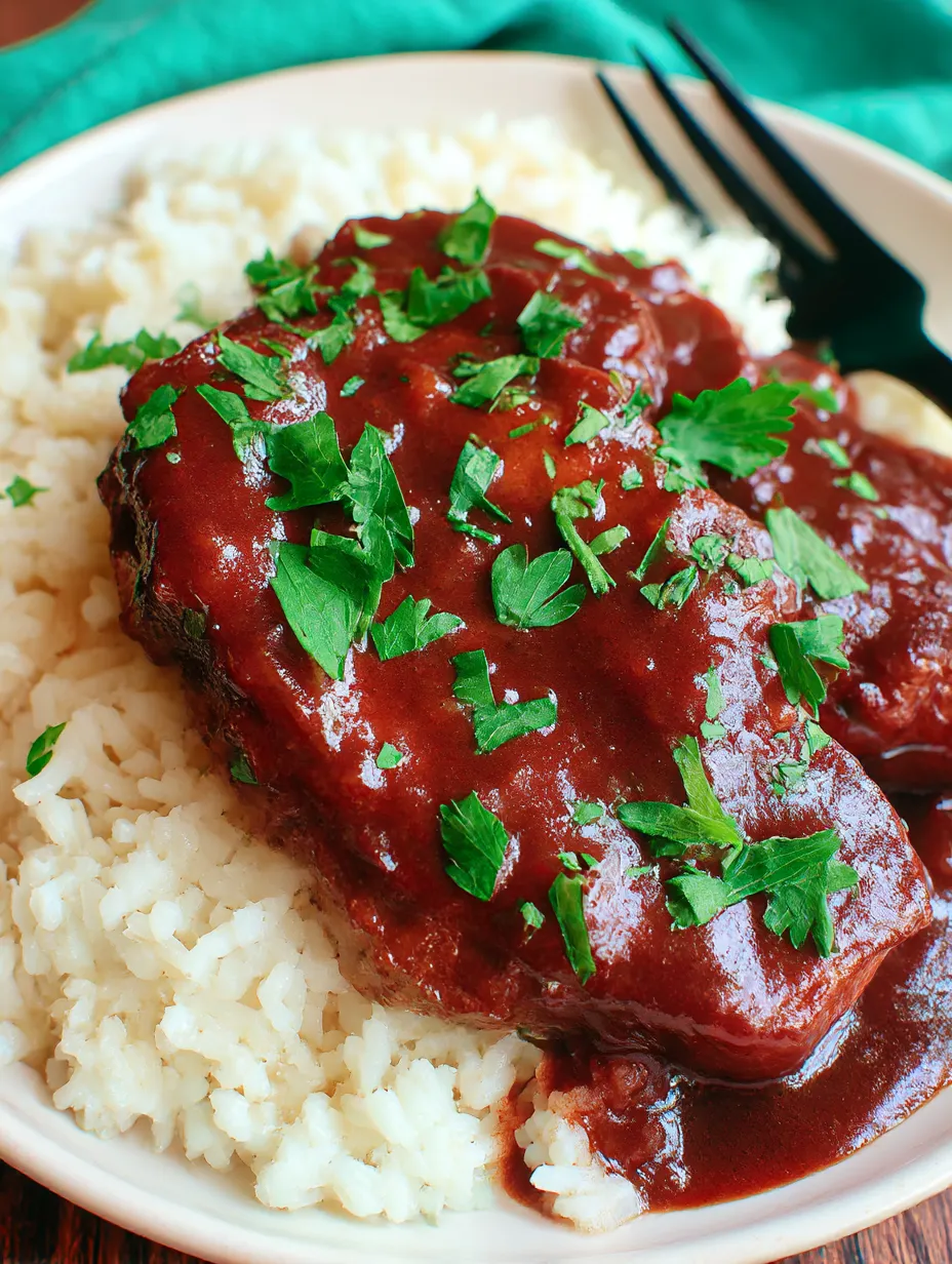 A plate of food with a pork chop and rice.