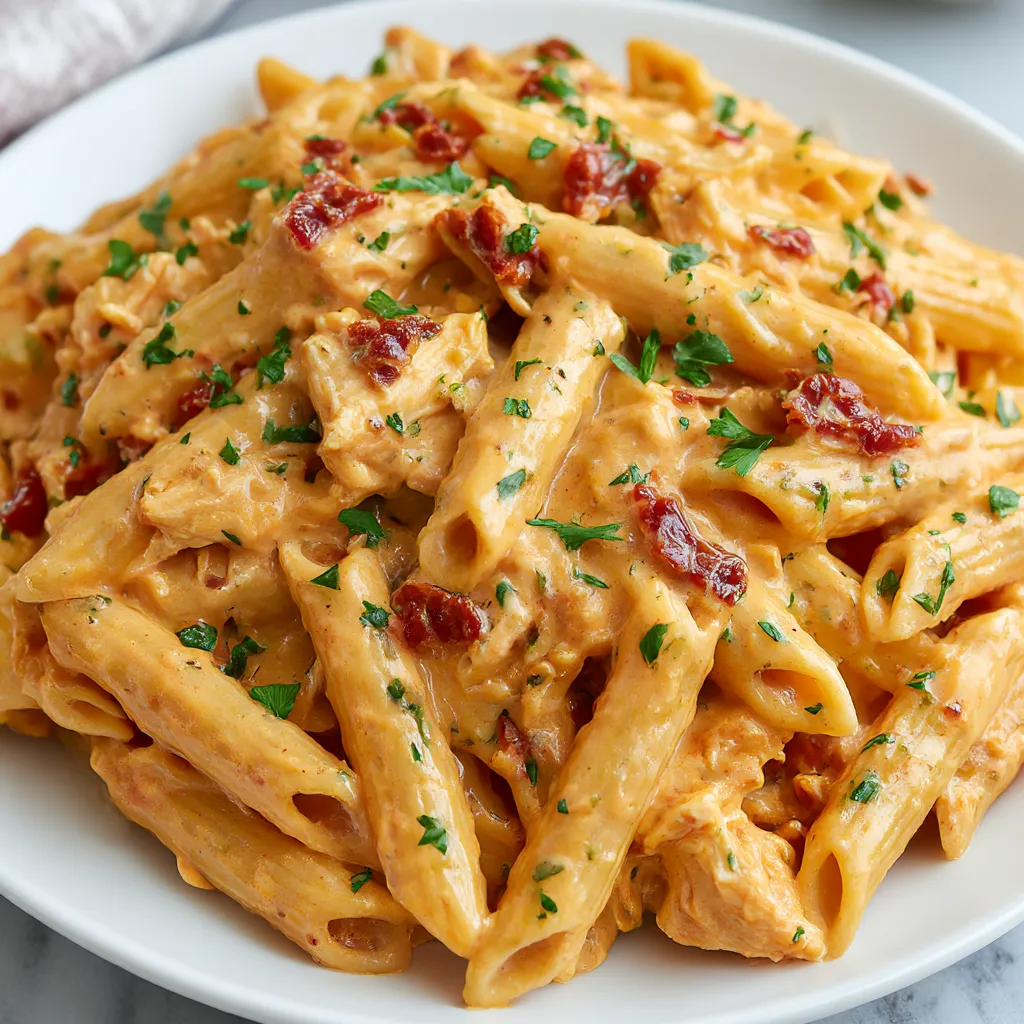 A plate of pasta with chicken and cheese.