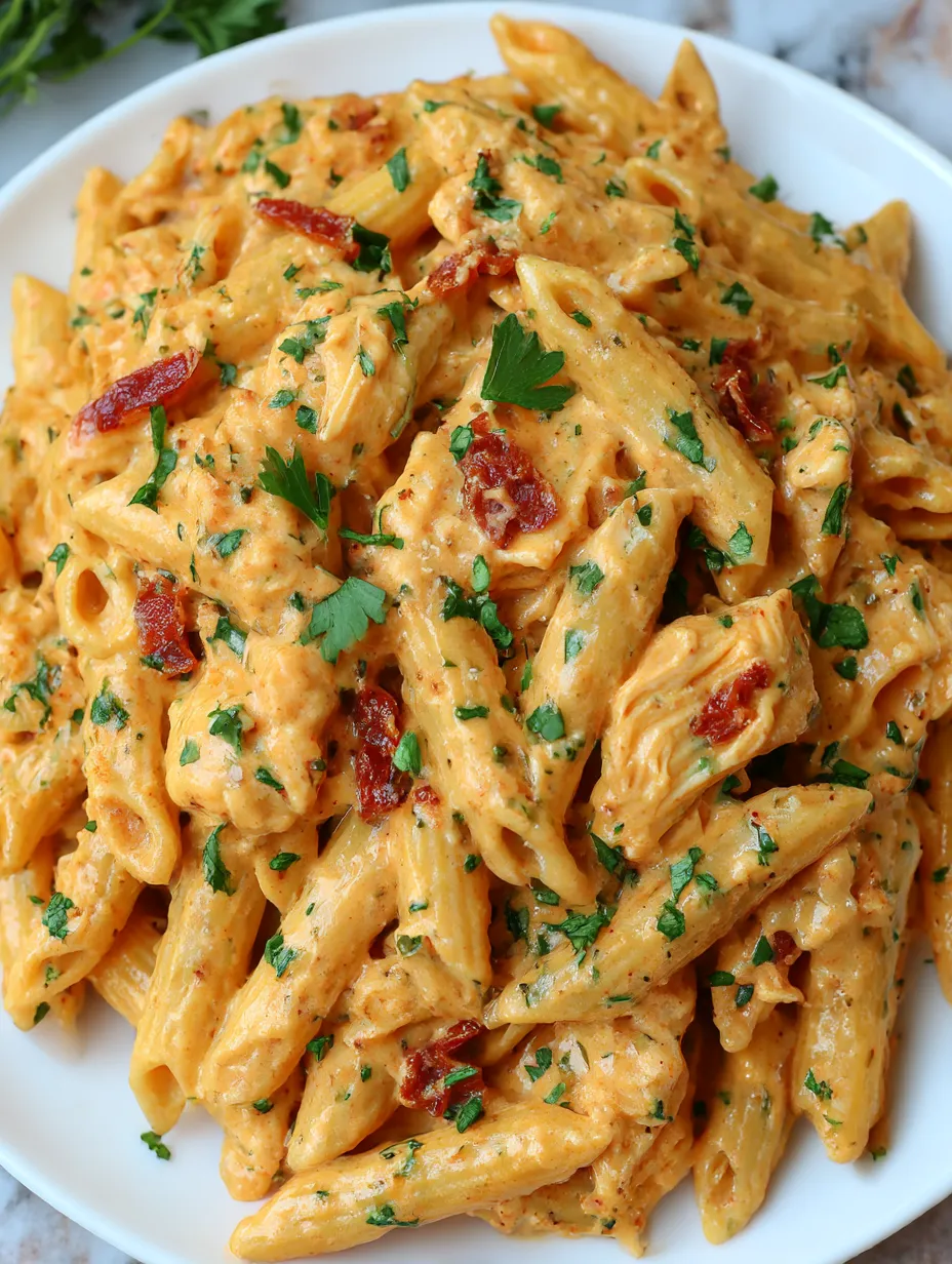 A plate of pasta with a buffalo chicken sauce.