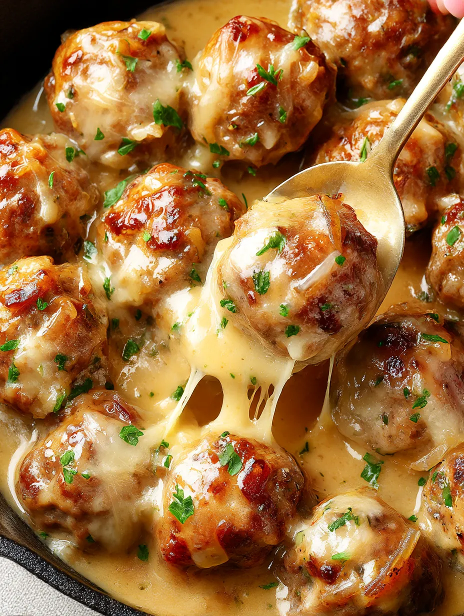 French onion meatballs in a bowl.