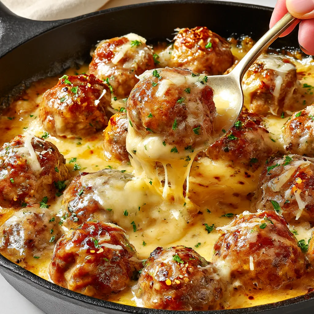 A pan of French onion meatballs.