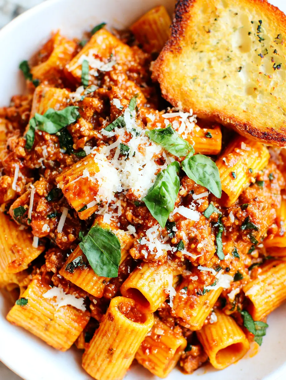 Spicy sausage rigatoni with cheese and herbs.