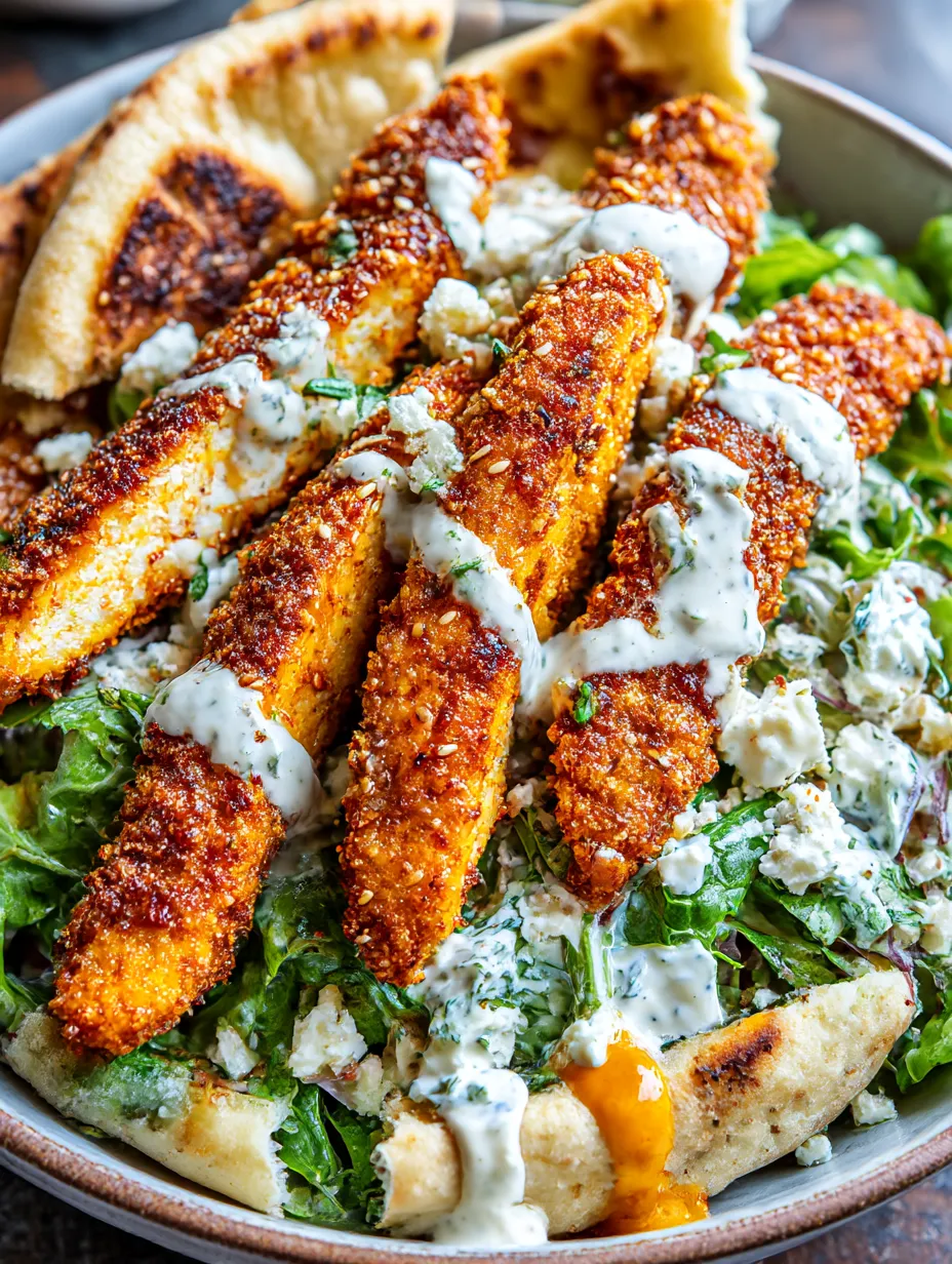 A bowl of food with sesame chicken schnitzel and feta tzatziki.