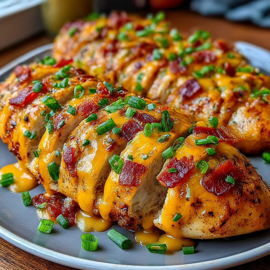 A plate of cheesy bacon BBQ chicken.
