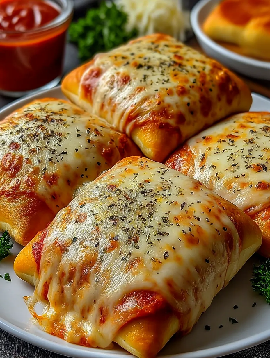 Four pieces of homemade easy cheesy pizza pockets.