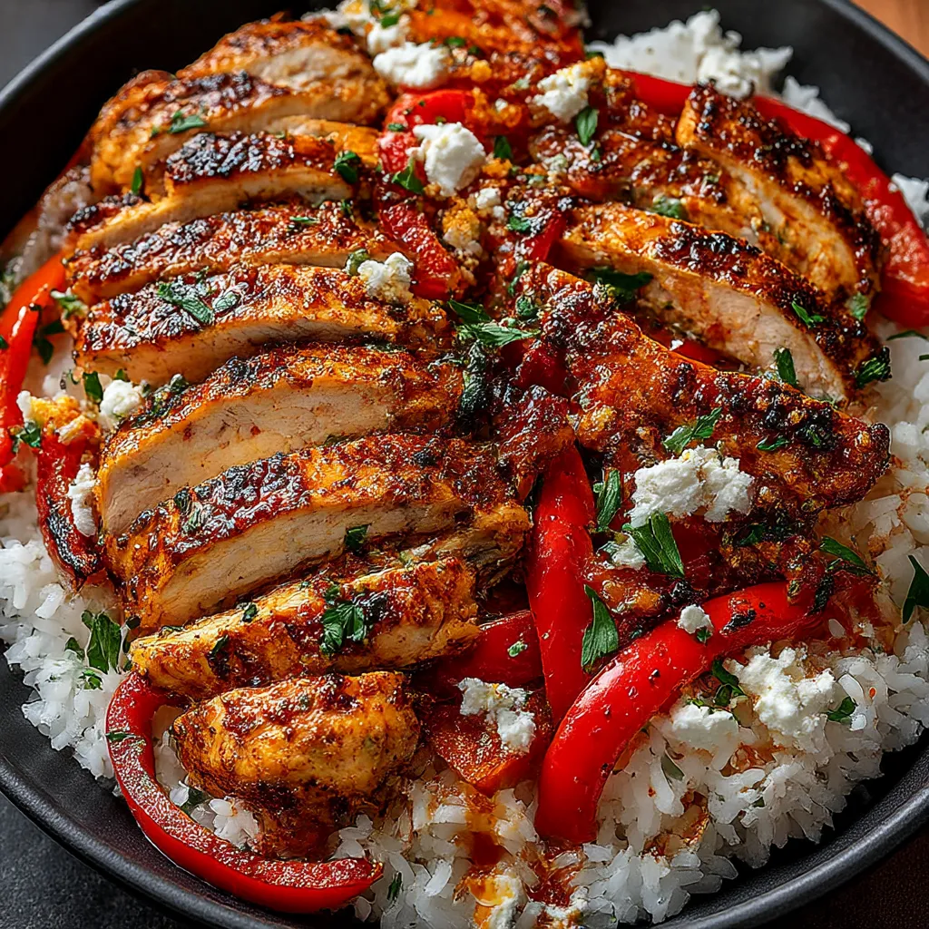 A plate of baked chicken with crispy feta and vinaigrette.