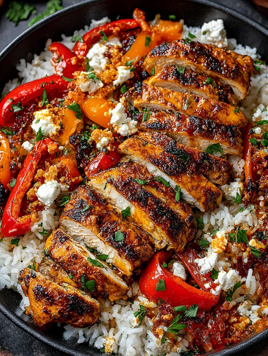 A dish of chicken with feta cheese and rice.