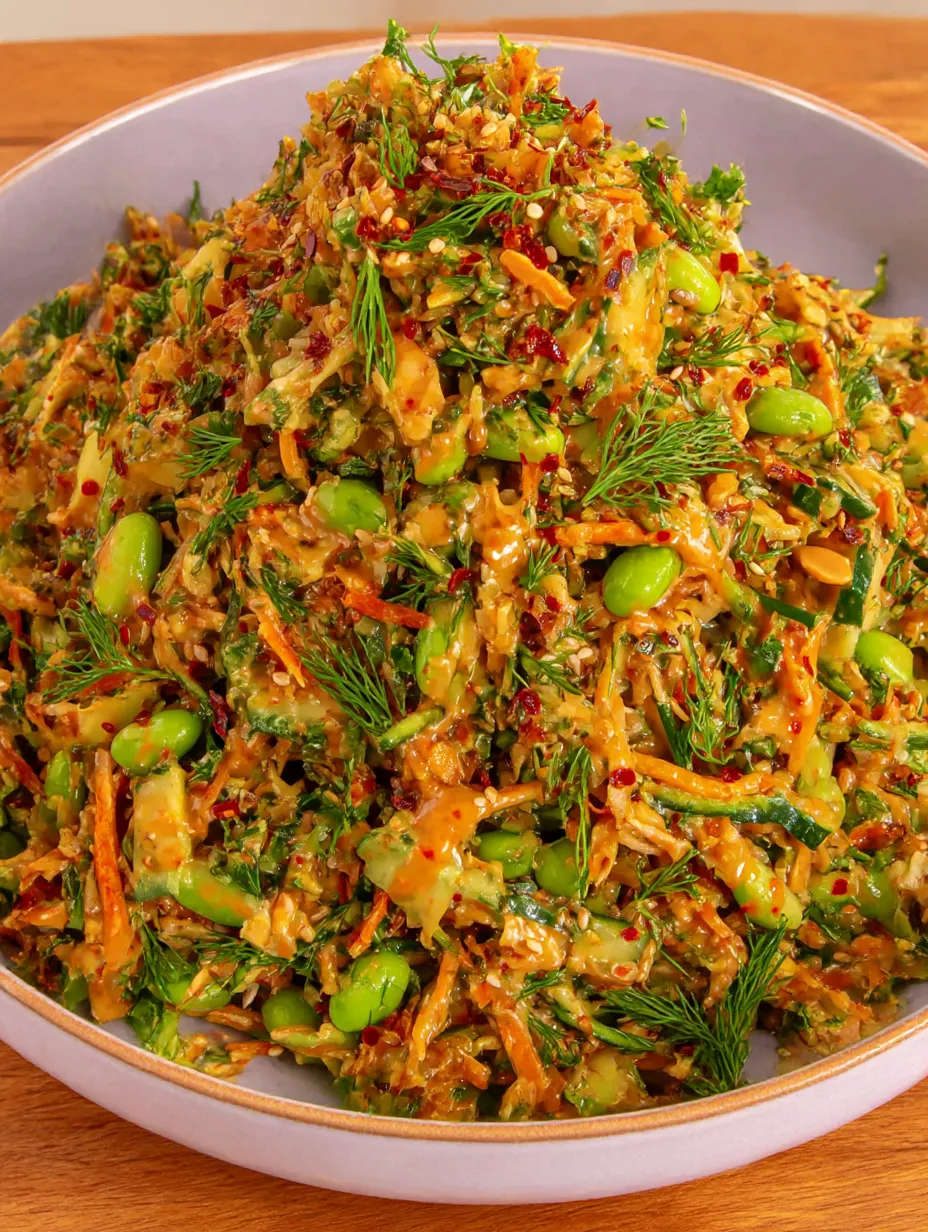 A bowl of crispy rice salad with peanut chili dressing.