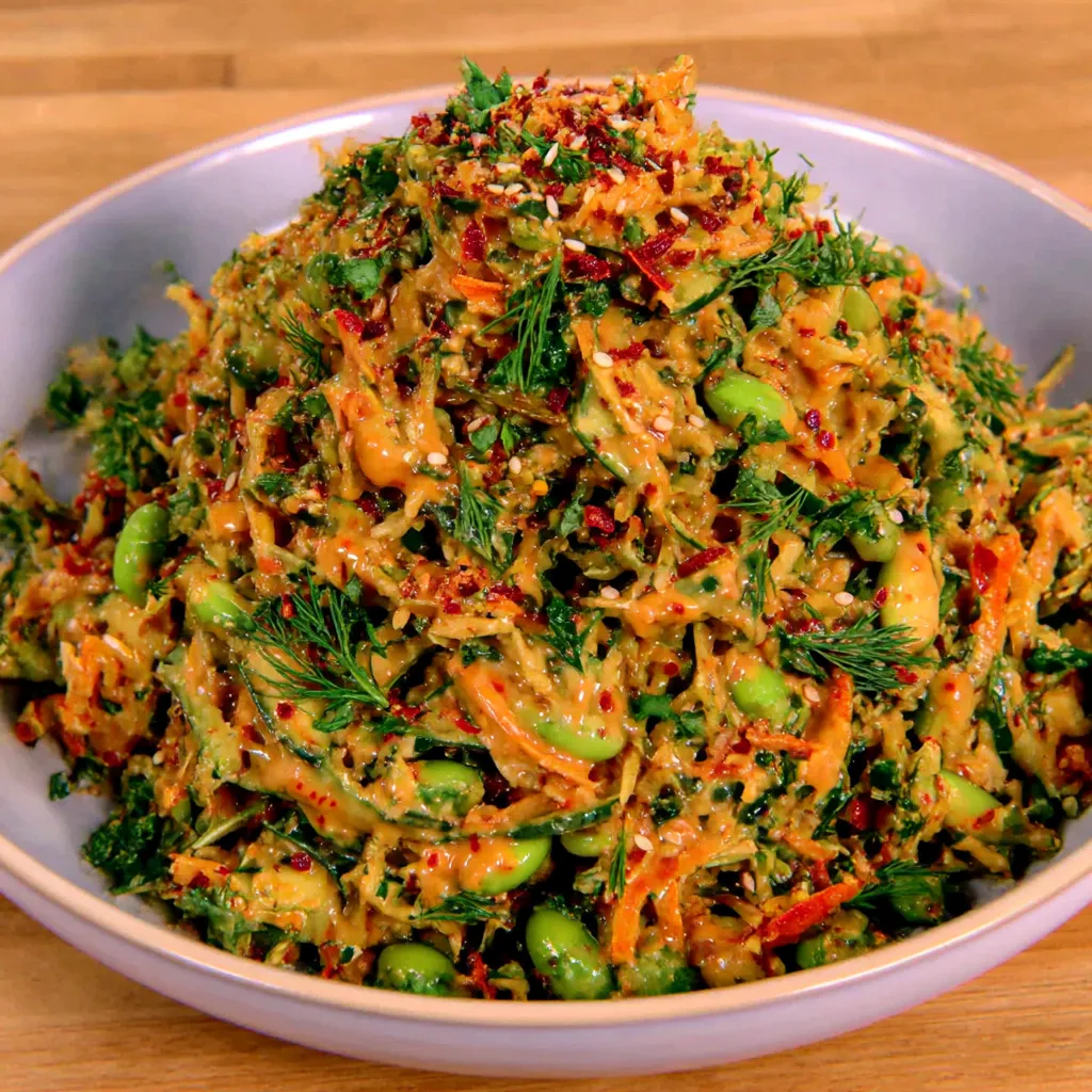 A bowl of crispy rice salad with peanut-chili dressing.