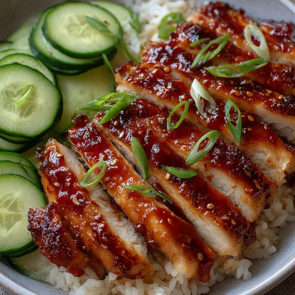 A plate of chicken with rice and cucumbers.