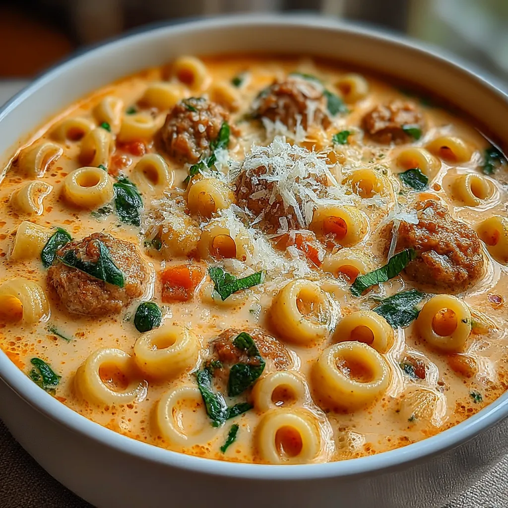 A bowl of creamy Parmesan Italian sausage ditalini soup.