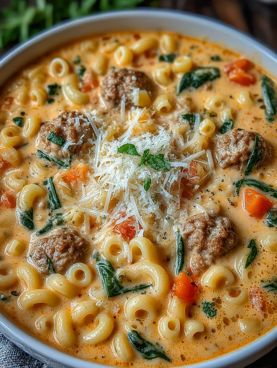 A bowl of creamy Parmesan Italian sausage ditalini soup.