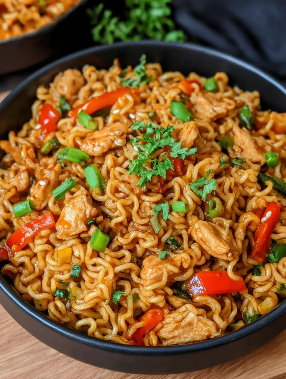 A bowl of stir fry with chicken, peppers, and noodles.