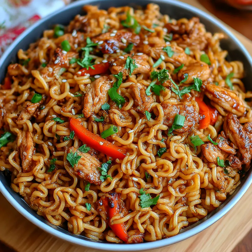 A bowl of stir fry with chicken, peppers, and noodles.