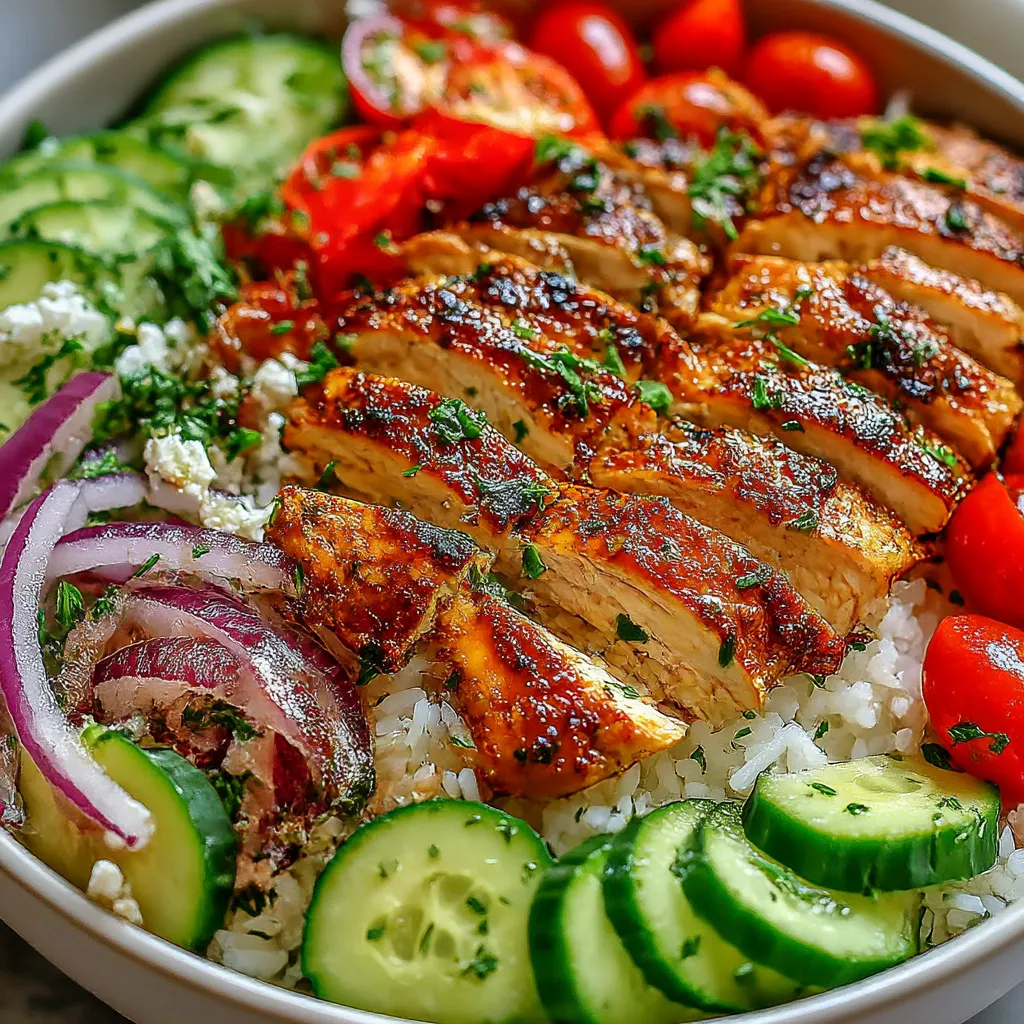 A bowl of food with rice, tomatoes, cucumbers, and chicken.