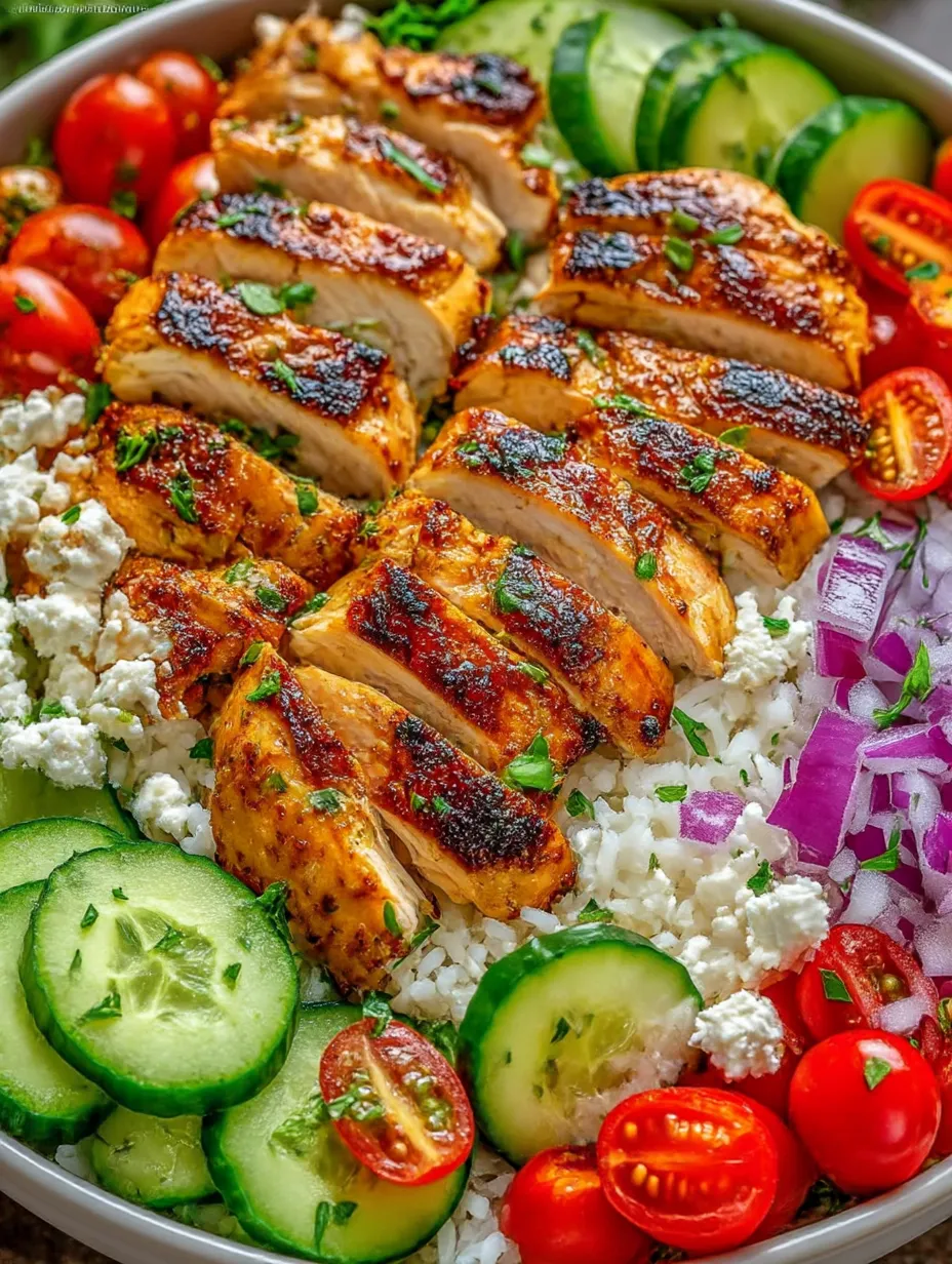 A fresh Greek chicken bowl with rice, tomatoes, cucumbers, and onions.