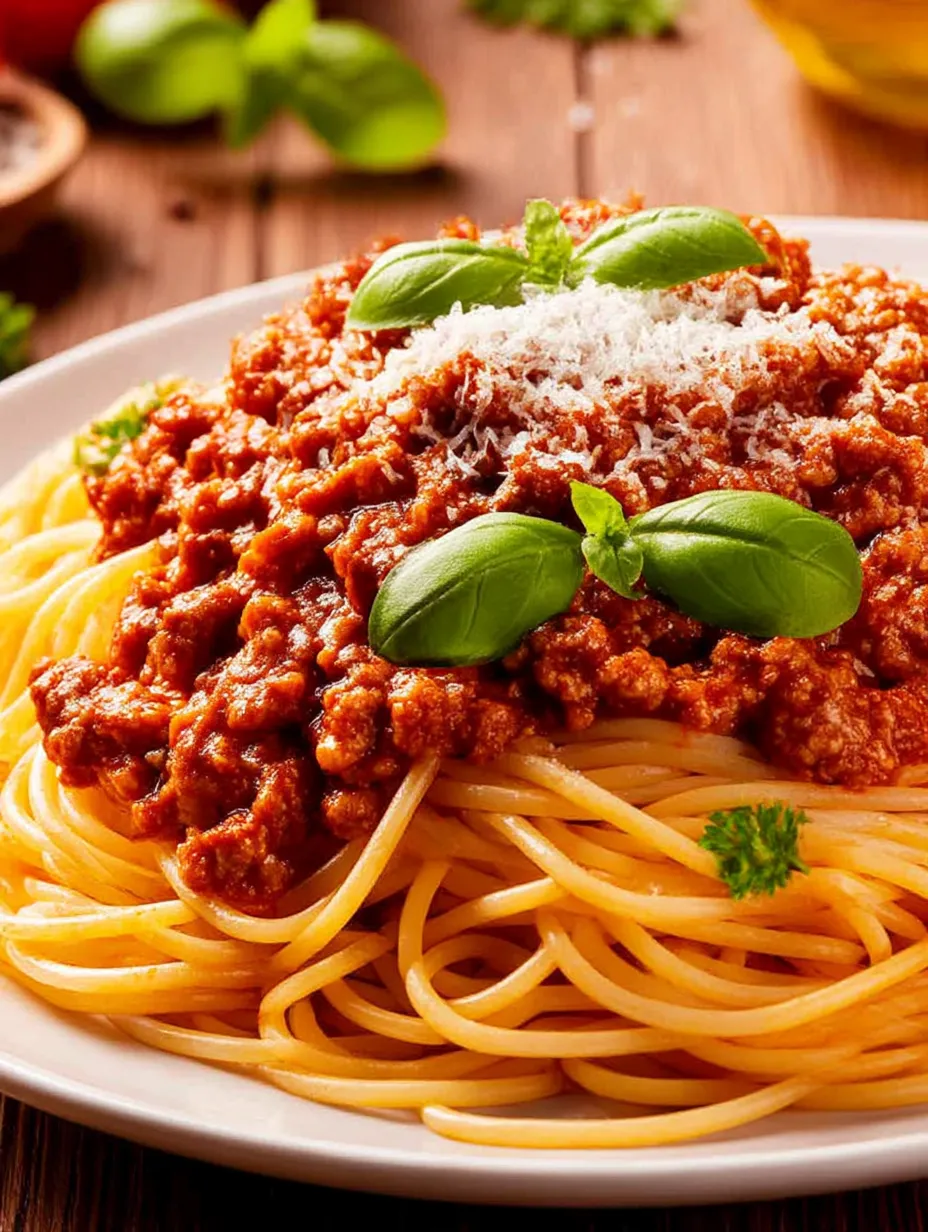 A plate of spaghetti with meat sauce.