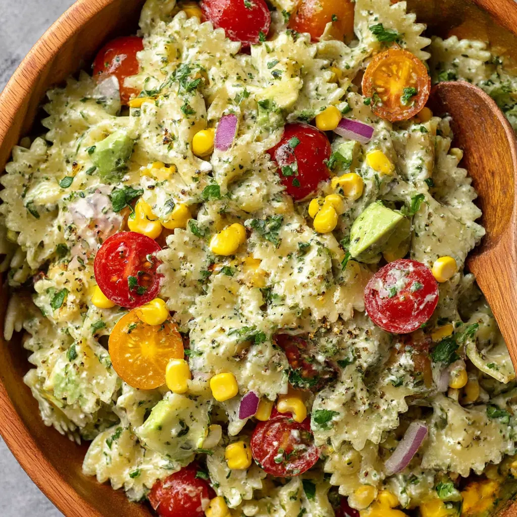 A bowl of pasta salad with tomatoes, corn, and cilantro.