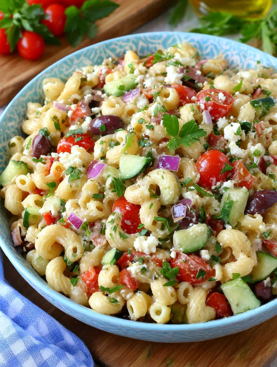 A bowl of Greek pasta salad.