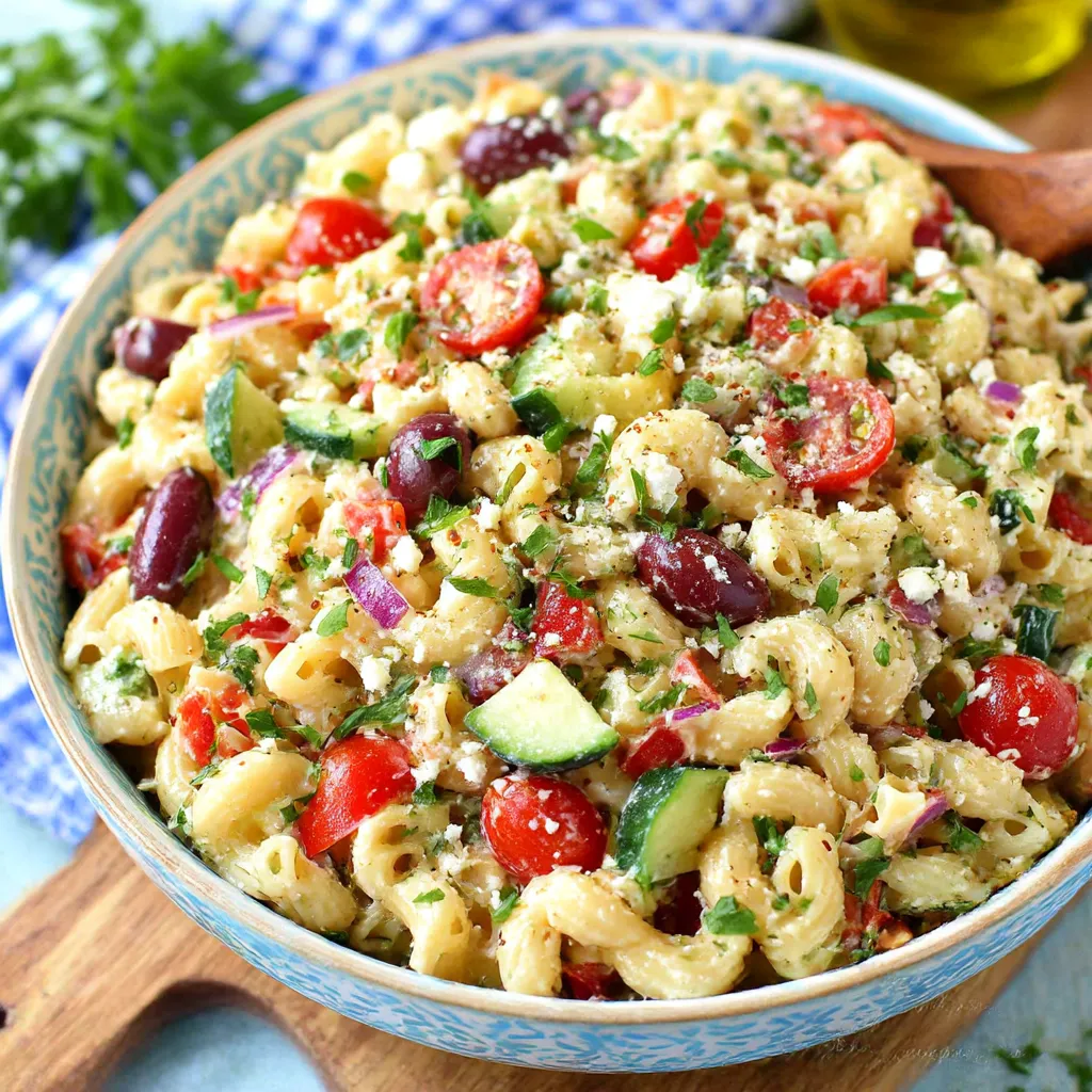 A bowl of Greek pasta salad.