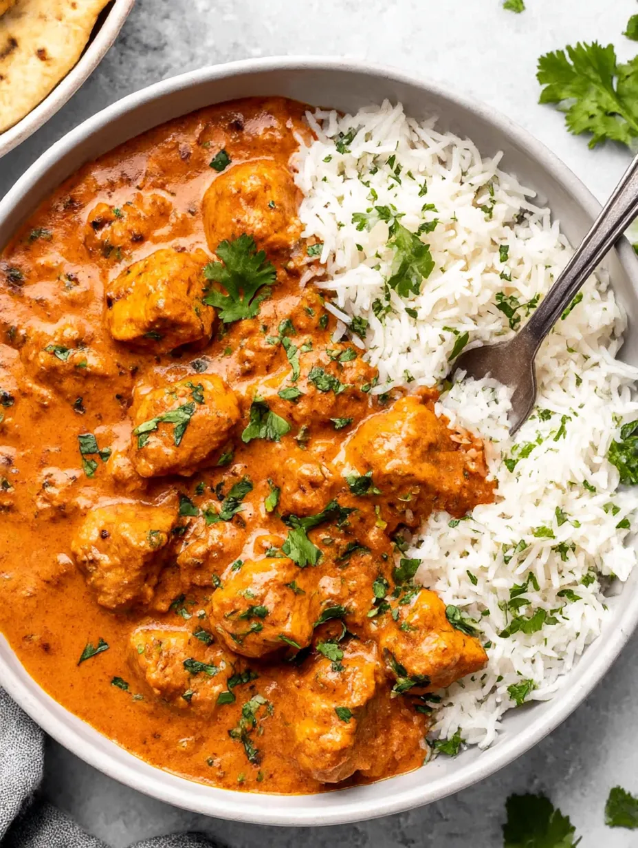A bowl of chicken tikka masala with rice.