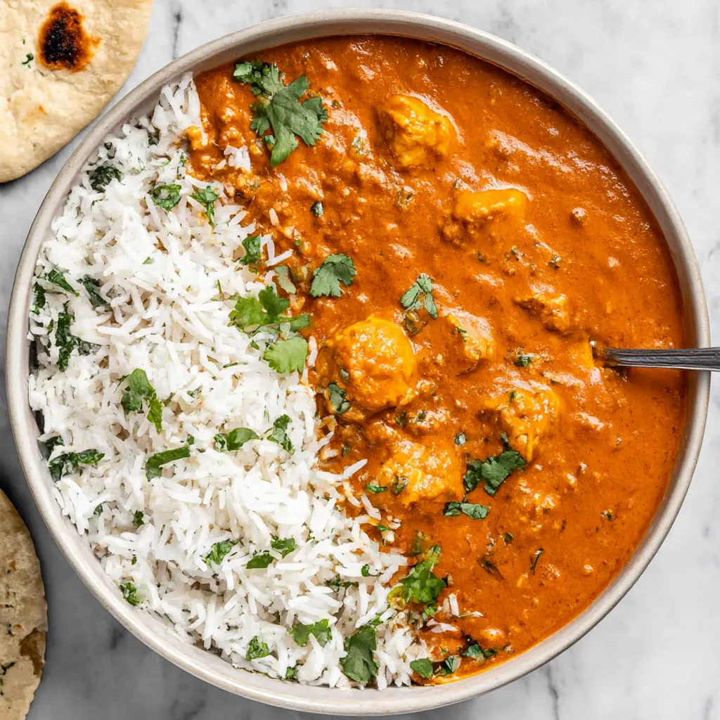 A bowl of chicken tikka masala with rice and a spoon.