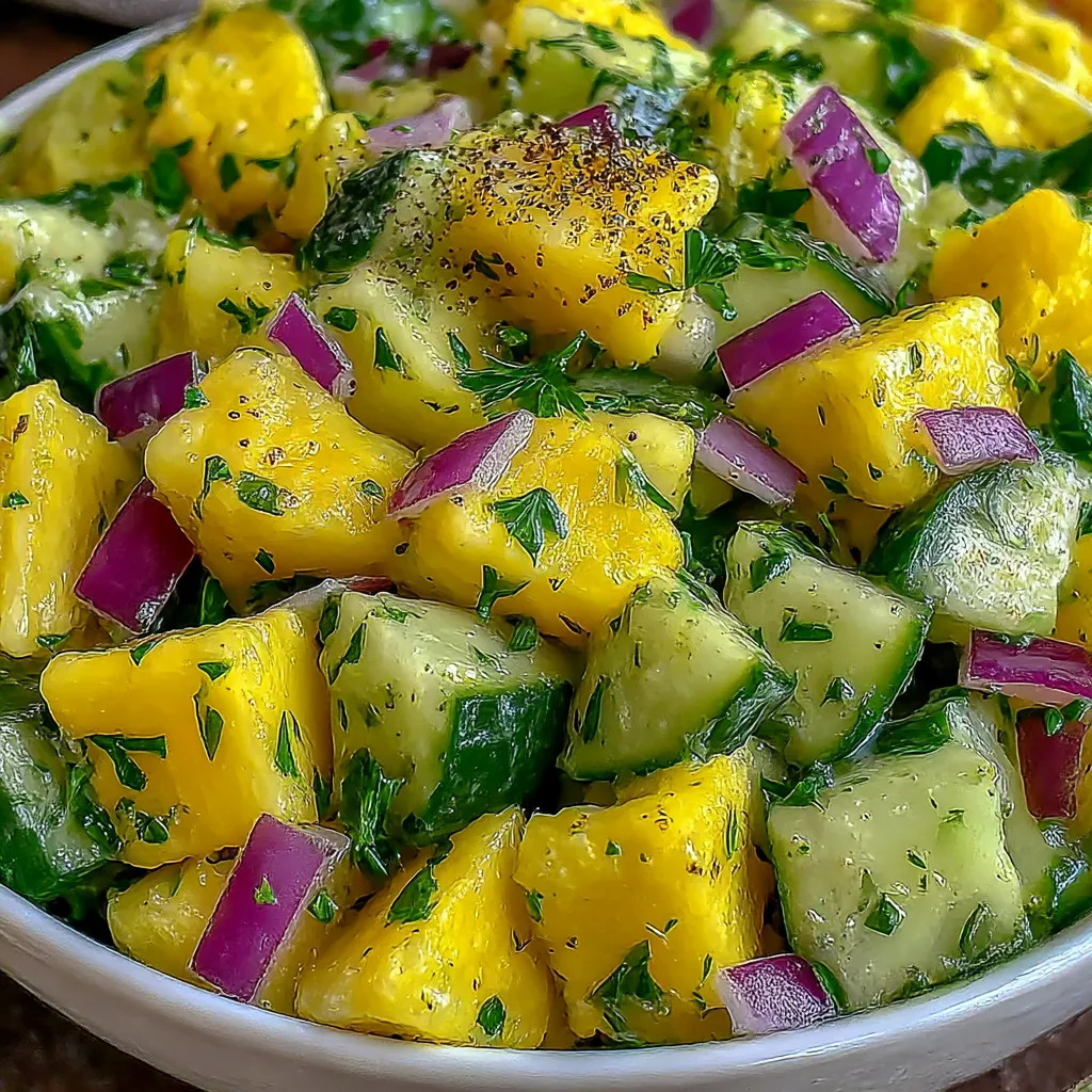 A bowl of pineapple cucumber salad.