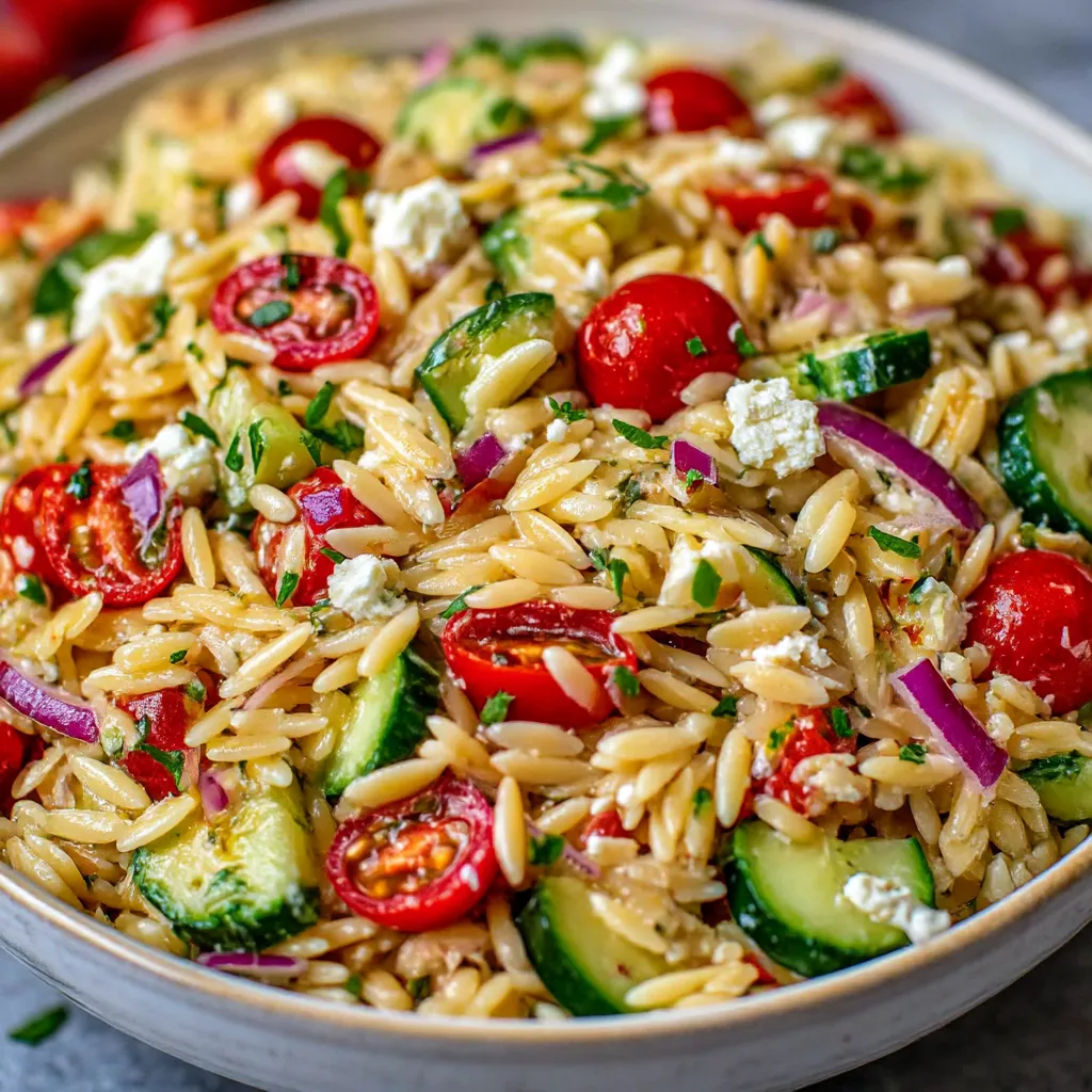A bowl of pasta salad with tomatoes, cucumbers, and feta cheese.