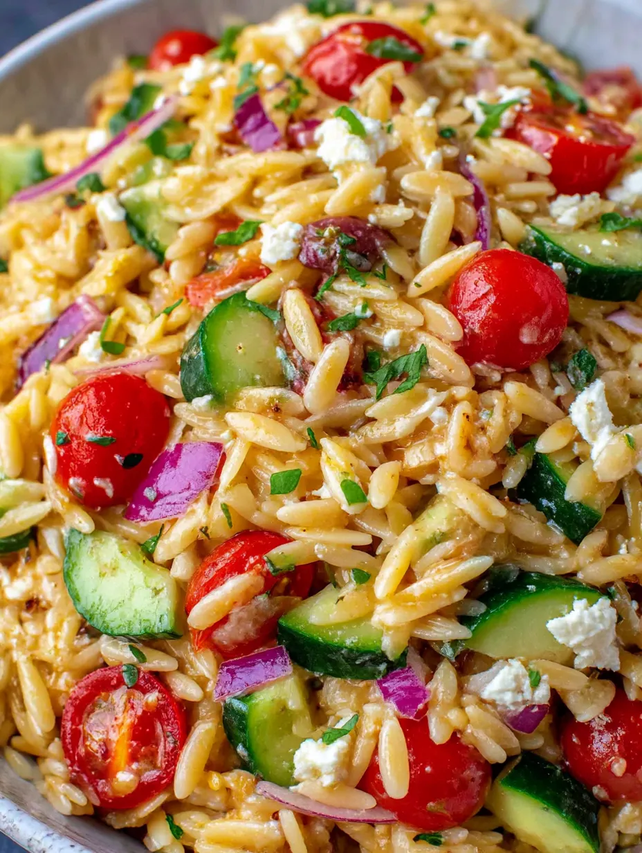 A bowl of pasta salad with tomatoes, cucumbers, and cheese.