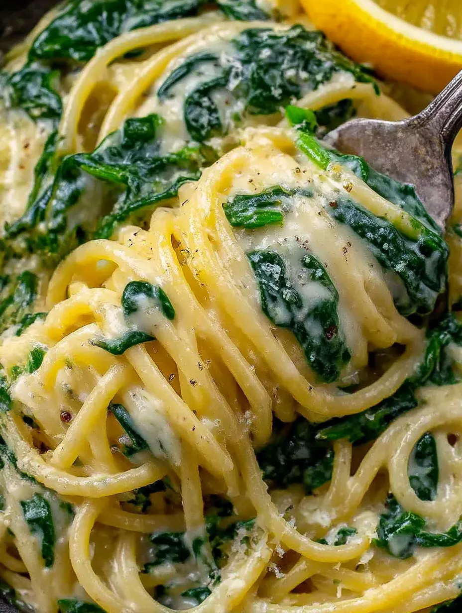 A fork is stuck in a plate of pasta with spinach.