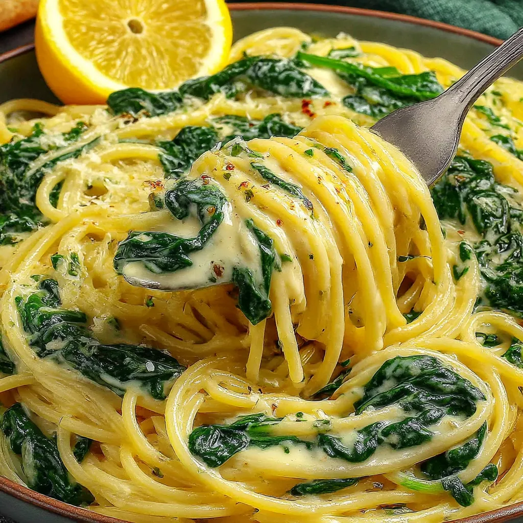 A bowl of pasta with spinach and lemon.
