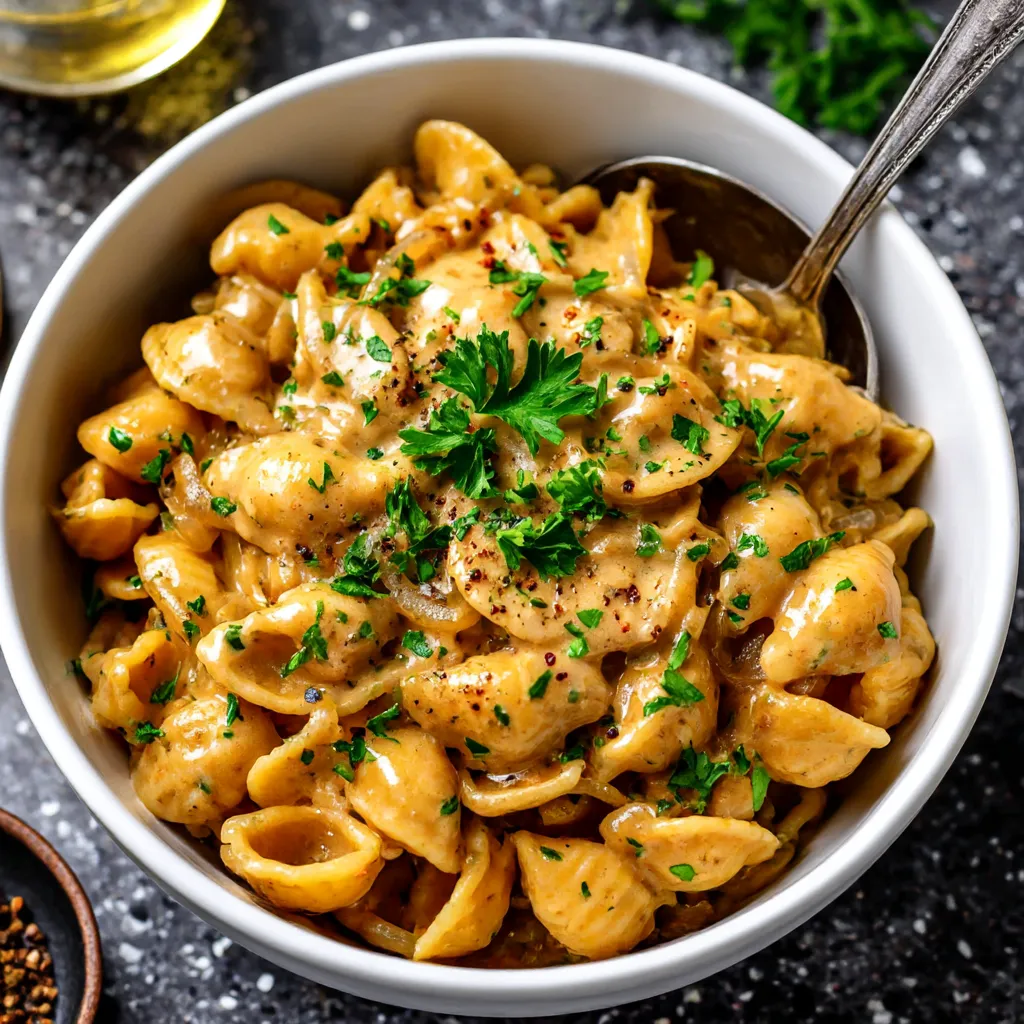 A bowl of pasta with cheese and onions.