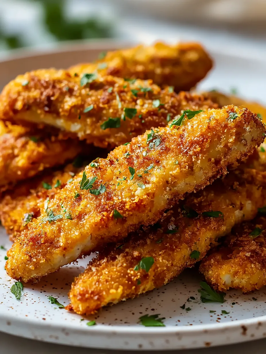 Crispy baked chicken tenders on a plate.