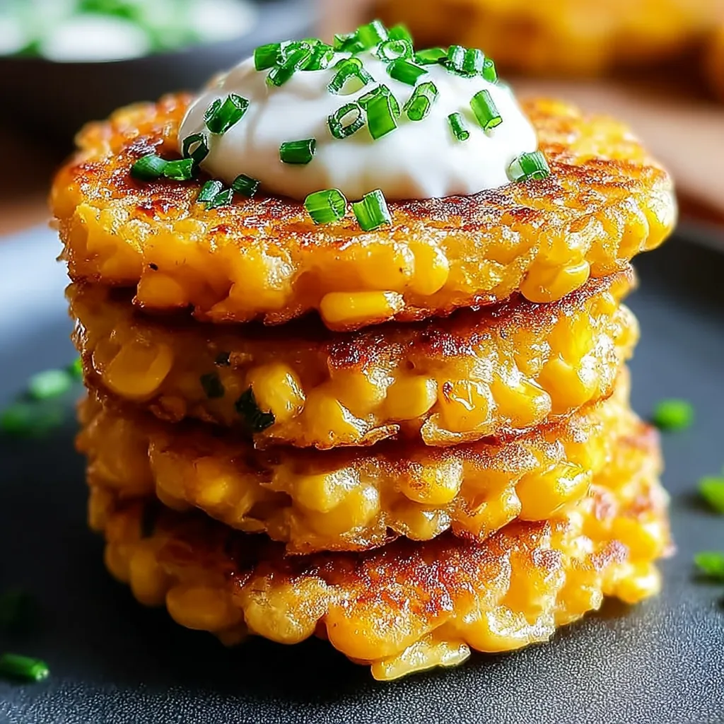 A stack of corn fritters with white cheese on top.