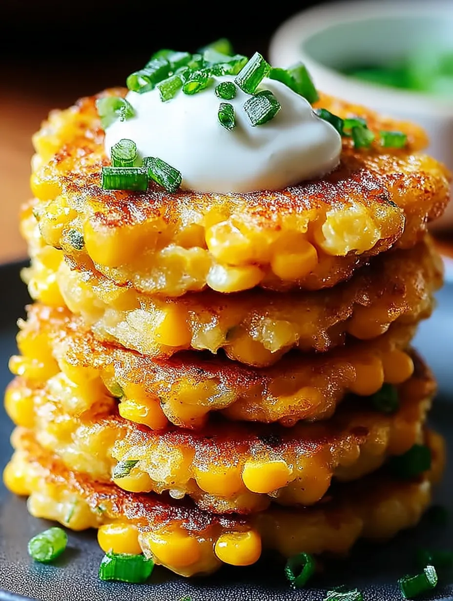 A stack of corn fritters with white cheese on top.