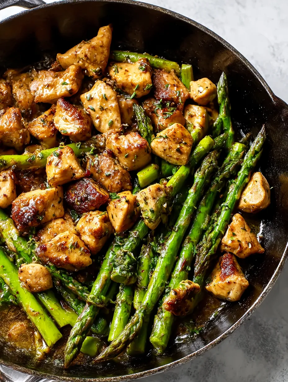 A pan of garlic butter chicken and asparagus.