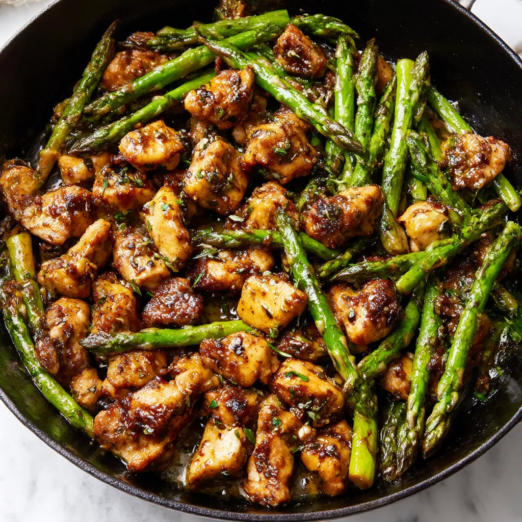 A pan of garlic butter chicken and asparagus.