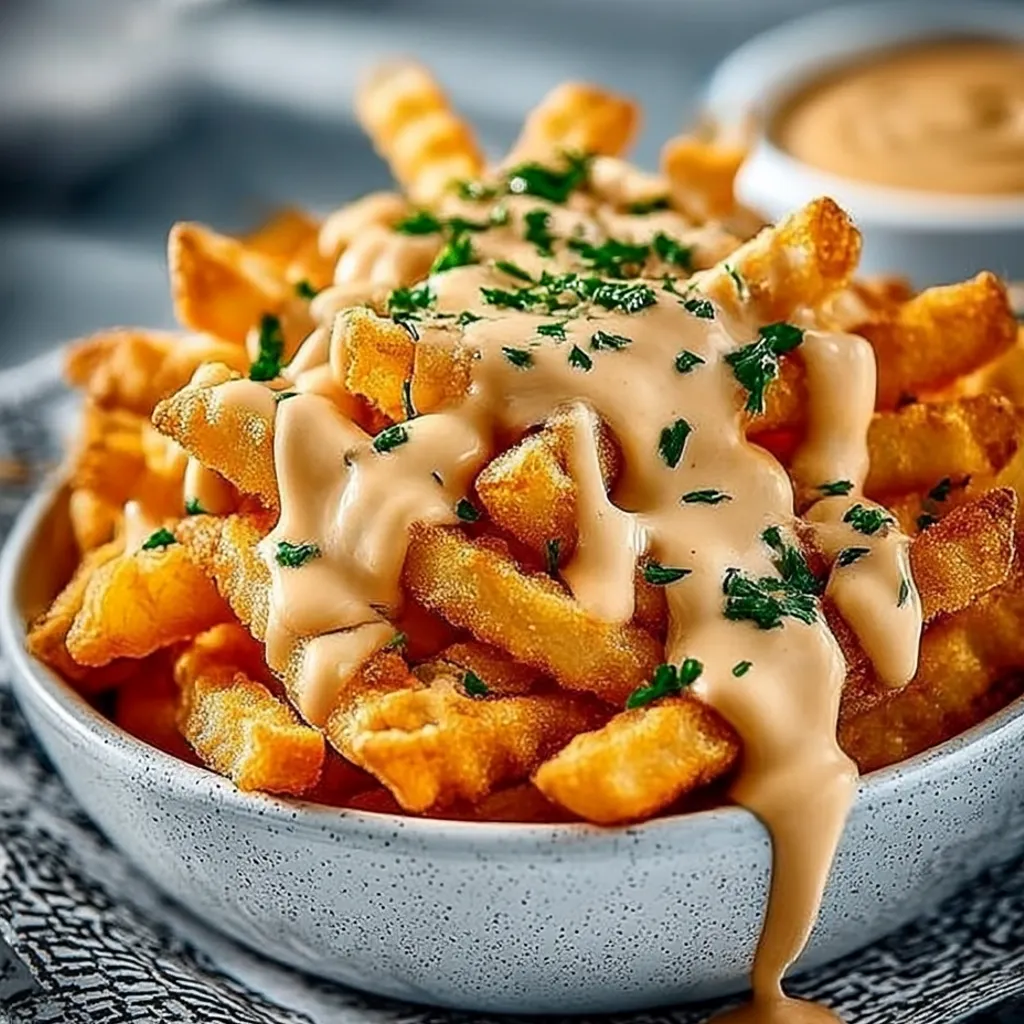 A bowl of fries with a white sauce.