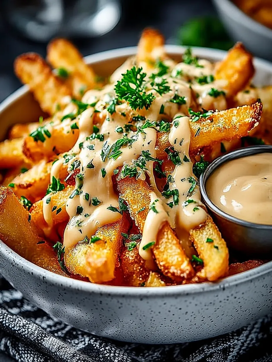 A bowl of fries with a dipping sauce.