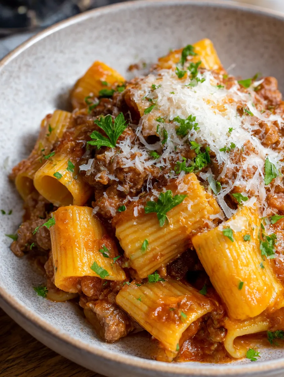A bowl of pasta with meat sauce.