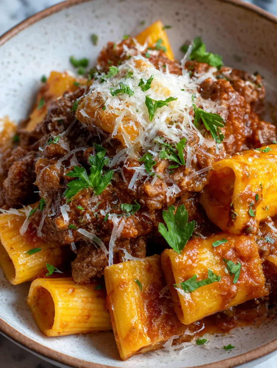 A plate of pasta with meat sauce.