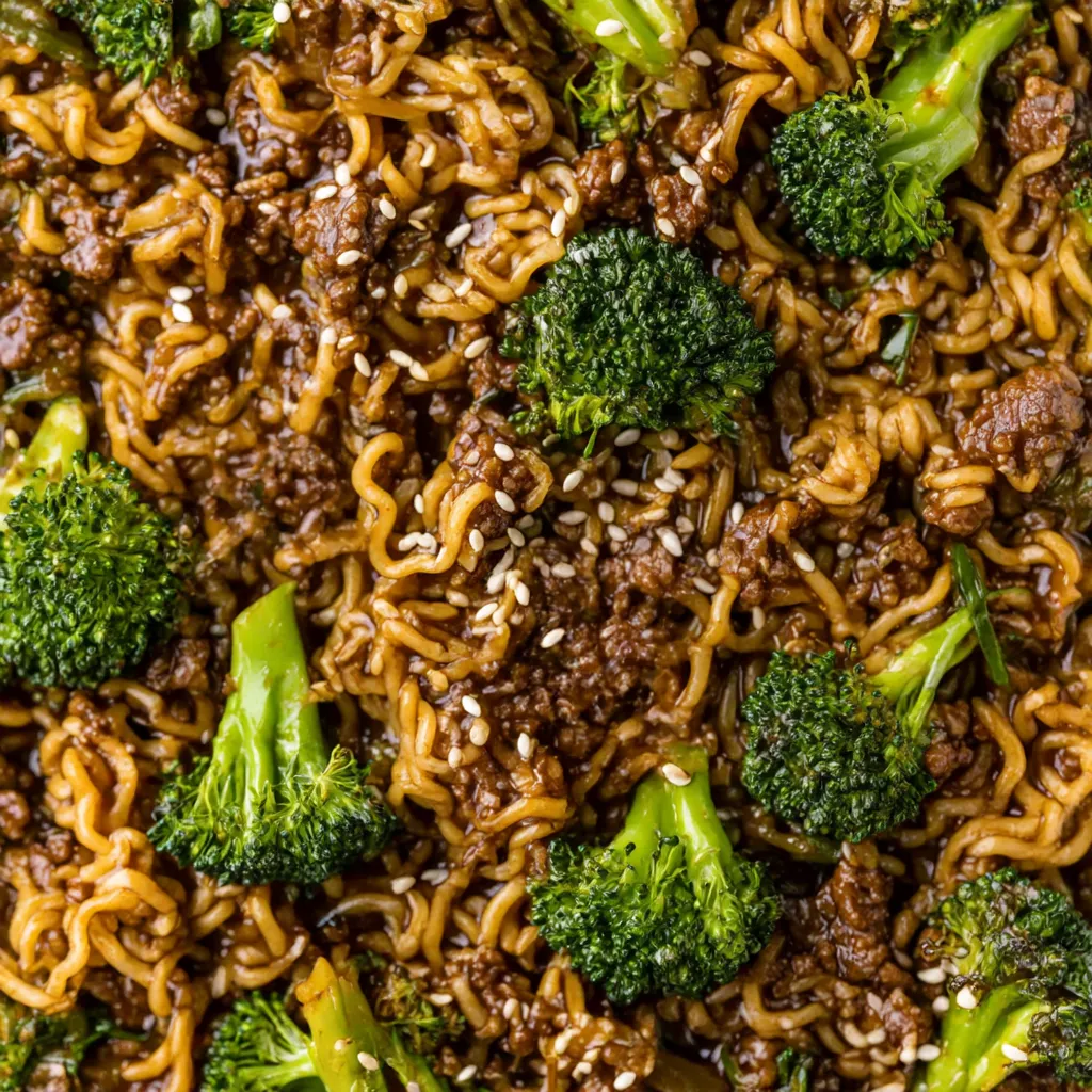 A close up of a dish of ground beef teriyaki ramen.