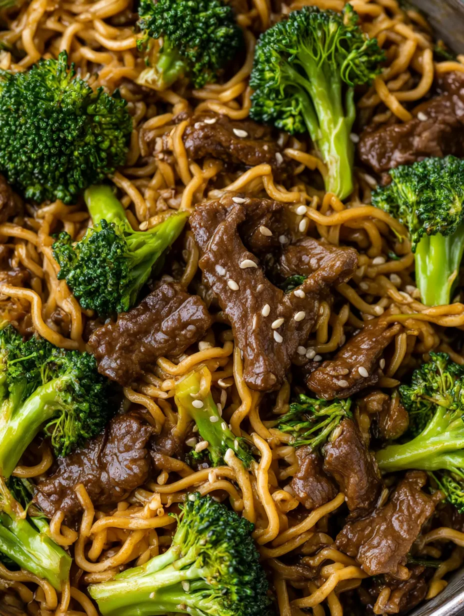 A plate of ground beef teriyaki ramen with broccoli.